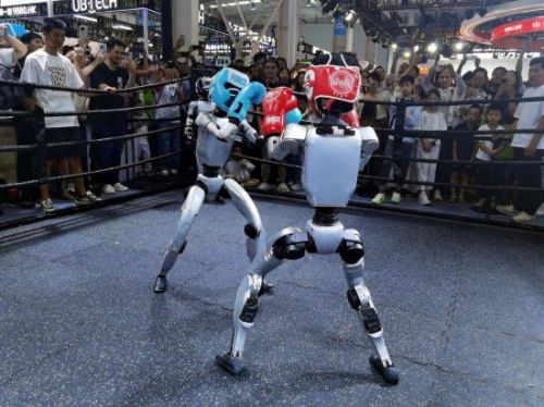 8月8日,宇树科技人形机器人在2025世界机器人大会上进行格斗表演。新华社记者 彭韵佳 摄